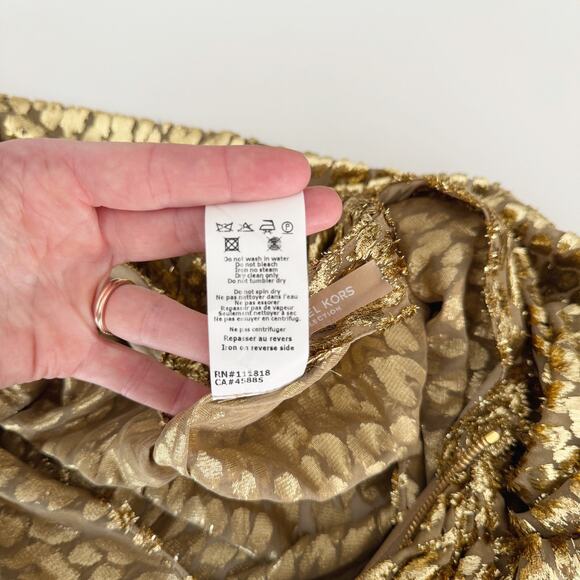 Michael Kors Metallic Gold Silk Cheetah Fil Coupe Draped Sarong Skirt Size 8 - Picture 9 of 10